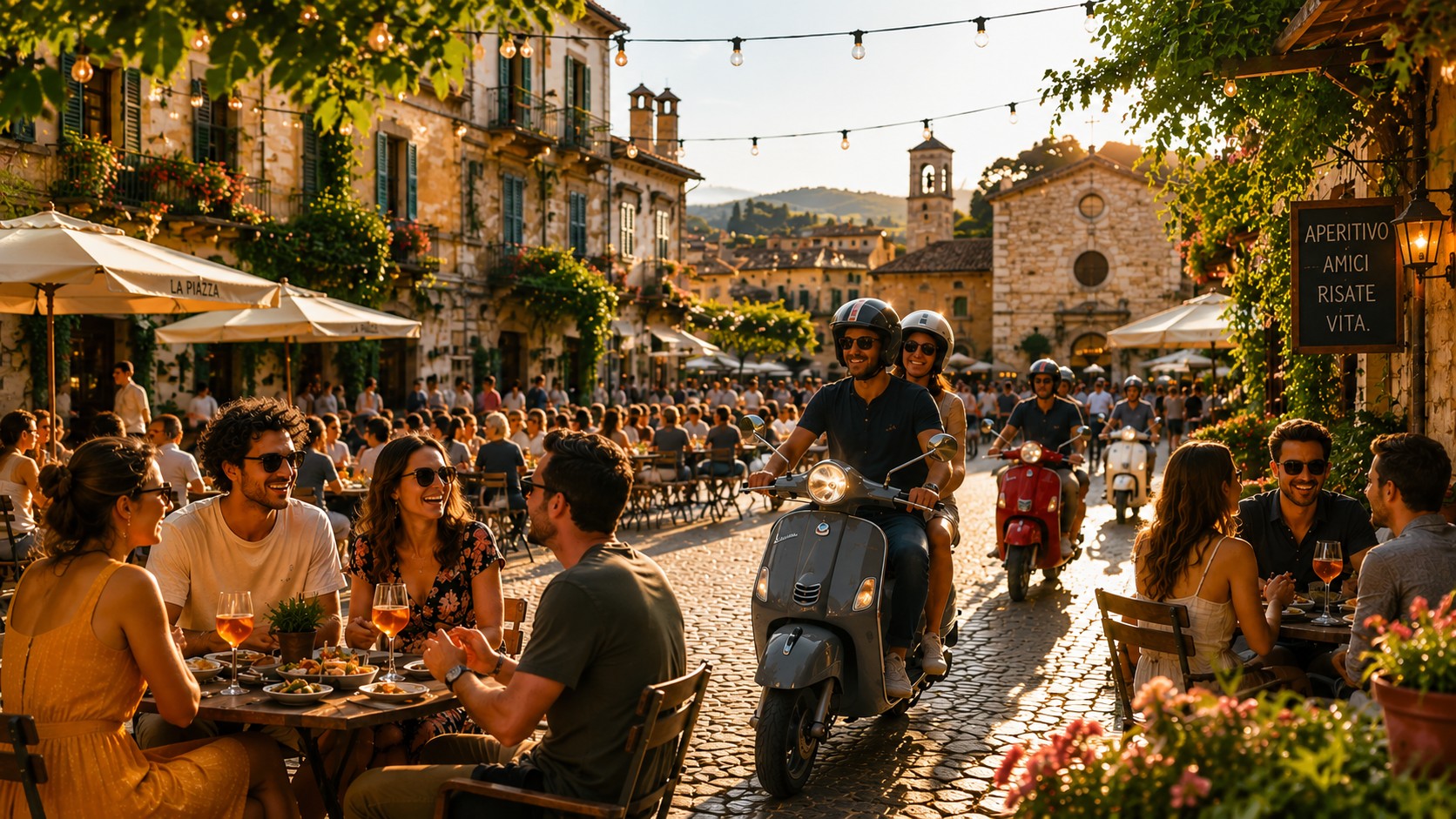 Italienische Piazza mit Menschen, Aperitivo und Vespas