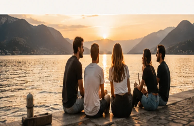 Freunde am See bei Sonnenuntergang